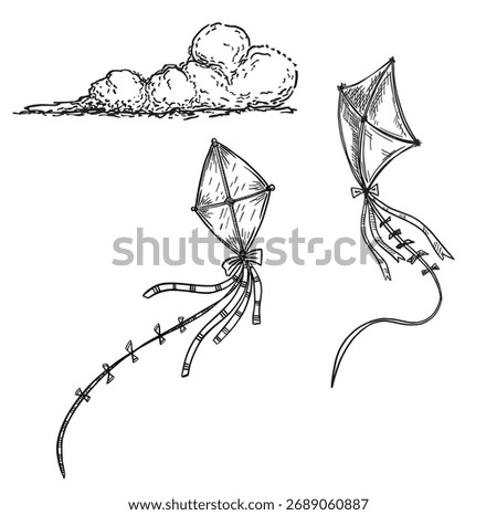 A kites with ribbons rushed into the sky. Fly in the wind. Black and white outline sketch. Vector illustration. International Kite Day. 