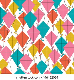 Kites seamless pattern. Flying kites background. Retro fabric style. Vector illustration