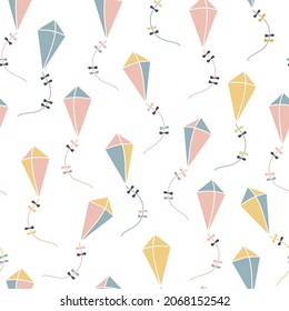 Kites. Seamless pattern in pastel colors. Cute textures for baby textiles, fabric design, wrapping, scrapbooking, wallpaper, etc.