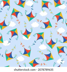 Kites seamless vector pattern. Hand-drawn color doodle. Paper baby toy flies in the sky, clouds. Bright cartoon elements, flat style. Backdrop for decoration, fabric design, printing, textiles, web.