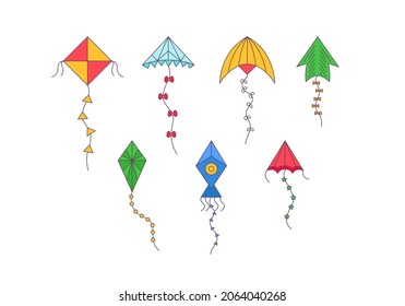 kites. set of Cartoon kites. Wind flying toy with ribbon and tail for kids. vector Illustration. wind kite game, summer flying toy.