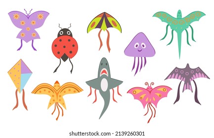 Kites set, summer flying toy for kids in shape butterfly, ladybug, shark, dragon, bird. Vector Illustration for backgrounds, greeting cards, posters and seasonal design. Isolated on white background.