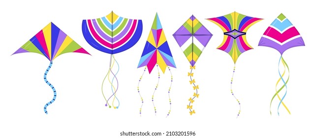 Kites set vector. International Kites Day holiday. Colorful fly toy collection. Playing toy of paper and fabric.