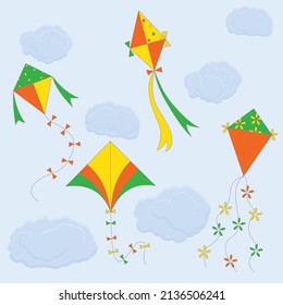 Kites in the sky, colored kites above the clouds. Vector 