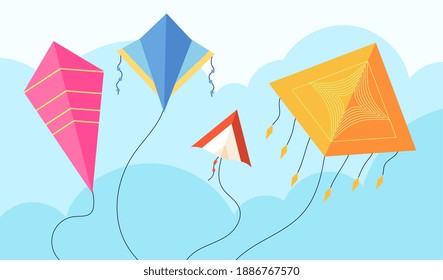 Kites in sky. Fun fly kite, child toy flying wind. Kiting, makar sankranti pongal festival concept. Summer activity utter vector background