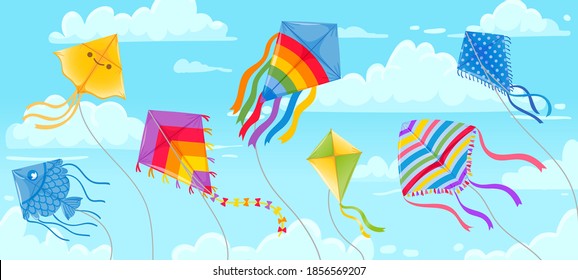Kites in sky. Summer blue skies and clouds with kite on string flying in wind. Kites festival banner. Outdoor fun hobby vector background. Illustration kite in air sky, different outdoor toys