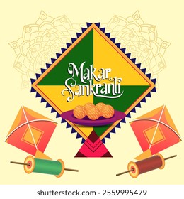 Kites soar in the sky symbolizing joy Makar Sankranti is written in a festive font Thread reels sweets and mandala patterns enhance the vibrant festive spirit






