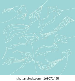 Kites, types of kites, white outlines on blue background. Vector illustration.