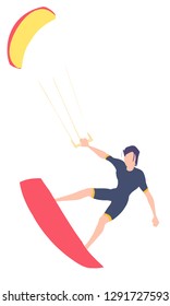 Kitesurfer isolated on white background, kitesurfing flat vector illustration