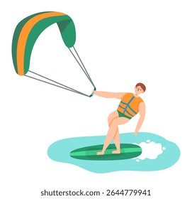 Kitesurfer vestindo um colete salva-vidas habilmente andando na prancha, segurando o bar firmemente enquanto cria salpicos dinâmicos nas ondas do oceano sob um céu brilhante de verão