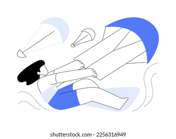 Ilustración abstracta del concepto de kitesurf vectorial. Kiteboarding, deportes acuáticos paracaídas, aventura voladora, velocidad del viento, diversión extrema, cámara de acción, truco de estilo libre, metáfora abstracta de la libertad.