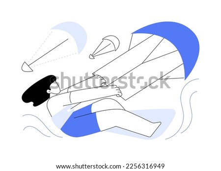 Kitesurfing abstract concept vector illustration. Kiteboarding, parachute water sport, flying adventure, wind speed, extreme fun, action camera, freestyle trick, freedom abstract metaphor.