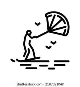 Kitesurfing black line icon. Water activity. Pictogram for web page.