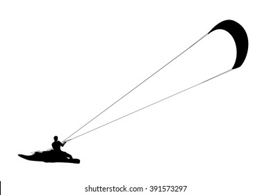 Kitesurfing black silhouette. Man riding wakeboard with kite.