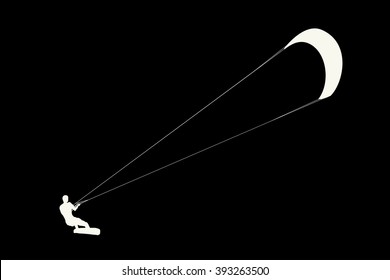 Kitesurfing black silhouette. Man riding wakeboard with kite.