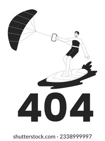 Kitesurfing black white error 404 flash message. Surfer with kite stands on board. Monochrome empty state ui design. Page not found popup cartoon image. Water sports. Vector flat outline illustration