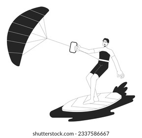 Ilustración vectorial de kitesurf bw. Surfista con cometa de pie a bordo 2D caricatura de línea plana monocromática para diseño de interfaz de usuario web. Deportes acuáticos imagen de héroe de contorno aislado editable