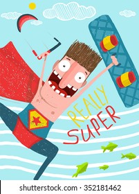Kitesurfing caricature superhero cartoon card design. Hero funny humor illustration, kite and board, vector illustration