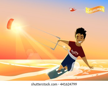 Kitesurfing. Cartoon stylized summer poster. Vector flat  illustration. Young kitesurfer on sea-view sunset background. Sport life in the sea. Passion.