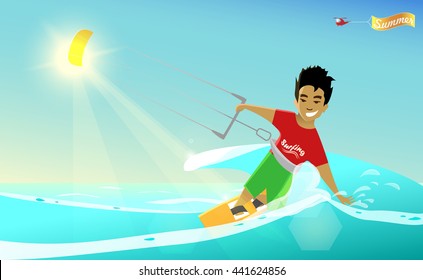 Kitesurfing. Cartoon stylized summer poster. Vector illustration. Young kitesurfer. Helicopter with "Summer" banner. Summer sea/ocean  and sunlight background. Passion.