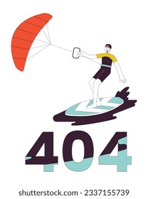 Kitesurfing error 404 flash message. Surfer with kite standing on board. Empty state ui design. Page not found popup cartoon image. Water sports. Vector flat illustration concept on white background