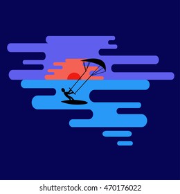 Kitesurfing, flat, kiting. Vector. Black silhouette of kitesurfer on blue background.
