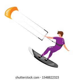 Kitesurfing flat vector illustration. Extreme sports experience. Active lifestyle. Vacation outdoor activities. Sportsman balancing on board with kite isolated cartoon character on white background