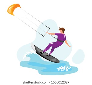 Kitesurfing flat vector illustration. Extreme sports experience. Active lifestyle. Summer vacation outdoor activities. Ocean turquoise waves. Sportsman isolated cartoon character on blue background