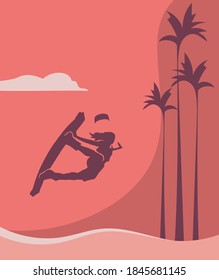 Kitesurfing girl jump. Simple colors scene. Island with palm trees on the background.