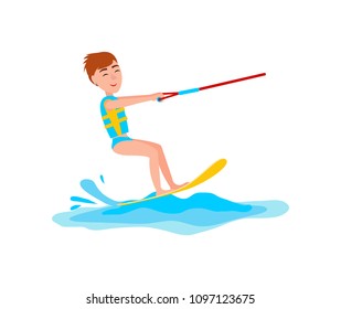 Kitesurfing and happy boy with smile on face, man standing on board and holding rope, vector illustration isolated on white background