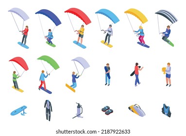 Kitesurfing icons set isometric vector. Sport kite. Fun active board