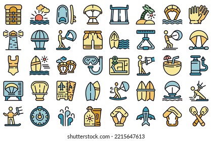 Kitesurfing icons set outline vector. Sport kite. Active board color flat isolated