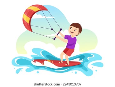 Kitesurfing Illustration with Kids Kite Surfer Standing on Kiteboard in the Summer Sea in Extreme Water Sports Flat Cartoon Hand Drawn Template