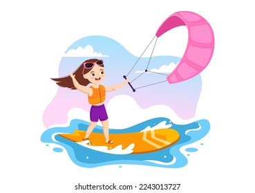 Ilustración de kitesurf con niños que navegan en la pizarra en el mar de verano en deportes de agua extrema Plano de dibujos animados dibujados a mano