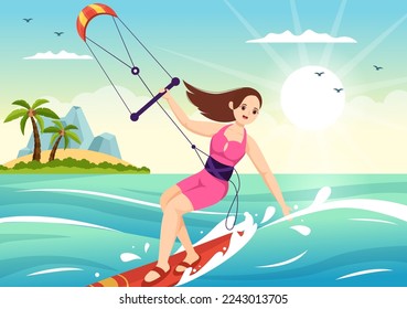 Kitesurfing Illustration with Kite Surfer Standing on Kiteboard in the Summer Sea in Extreme Water Sports Flat Cartoon Hand Drawn Template