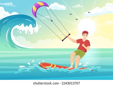 Ilustración de kitesurf con un kitesurf parado en una pizarra en el mar de verano en deportes de agua extrema Plano de dibujos a mano