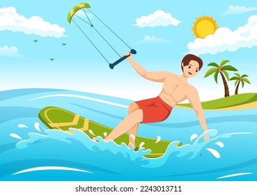 Kitesurfing Illustration with Kite Surfer Standing on Kiteboard in the Summer Sea in Extreme Water Sports Flat Cartoon Hand Drawn Template