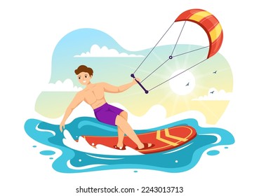 Kitesurfing Illustration with Kite Surfer Standing on Kiteboard in the Summer Sea in Extreme Water Sports Flat Cartoon Hand Drawn Template