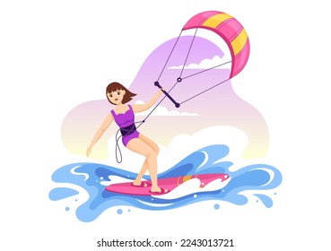 Kitesurfing Illustration with Kite Surfer Standing on Kiteboard in the Summer Sea in Extreme Water Sports Flat Cartoon Hand Drawn Template