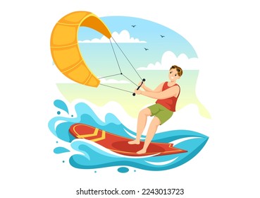 Ilustración de kitesurf con un kitesurf parado en una pizarra en el mar de verano en deportes de agua extrema Plano de dibujos a mano