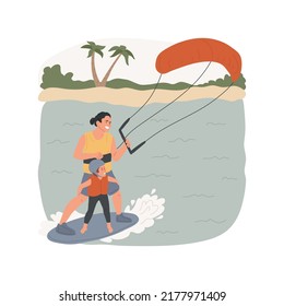 Kitesurfing isolated cartoon vector illustration. Father and son on kiteboard, active family, kitesurfing with children, watersport, seaside activity, kite flying lesson vector cartoon.