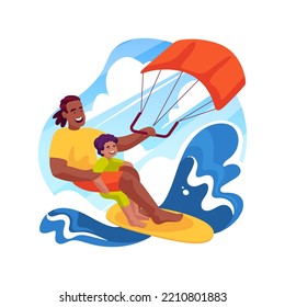 Kitesurfing isolated cartoon vector illustration. Father and son on kiteboard, active family, kitesurfing with children, watersport, seaside activity, kite flying lesson vector cartoon.