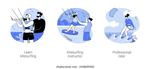 Kitesurfing isolated cartoon vector illustrations set. Water sport lesson, training with instructor at the beach, active holiday, extreme sport, professional rider making trick vector cartoon.