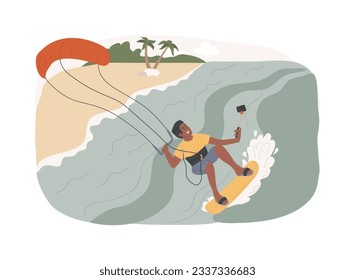 Ilustración vectorial de concepto aislado de kitesurf. Kiteboarding, deportes acuáticos paracaídas, aventura voladora, velocidad del viento, diversión extrema, cámara de acción, truco de estilo libre, concepto de vector de libertad.