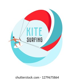 Kitesurfing logo template. Surfer on board with kite. Vector illustration, flat style.