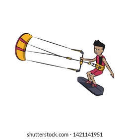 Kitesurfing man on surf table water extreme sport vector illustration graphic design
