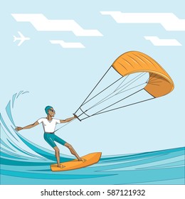 Kitesurfing. Man in sunglasses on waterboard surf summer sea - vector editable illustration. Extreme sport concept for poster, banner, card. 