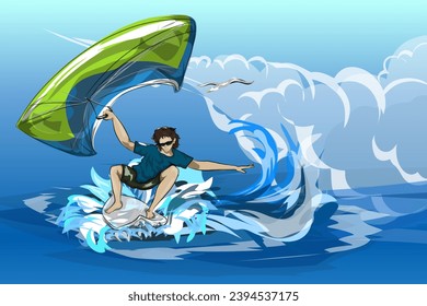 Kitesurfing, a man is surfing with a kite, riding the waves in the ocean