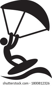 Kitesurfing sign, icon or symbol in vector. Black kite surfer isolated