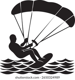 Kitesurfing Silhouette Icon, black outline of a man riding kiteboard on ocean waves, extreme sports vector, summer activity concept